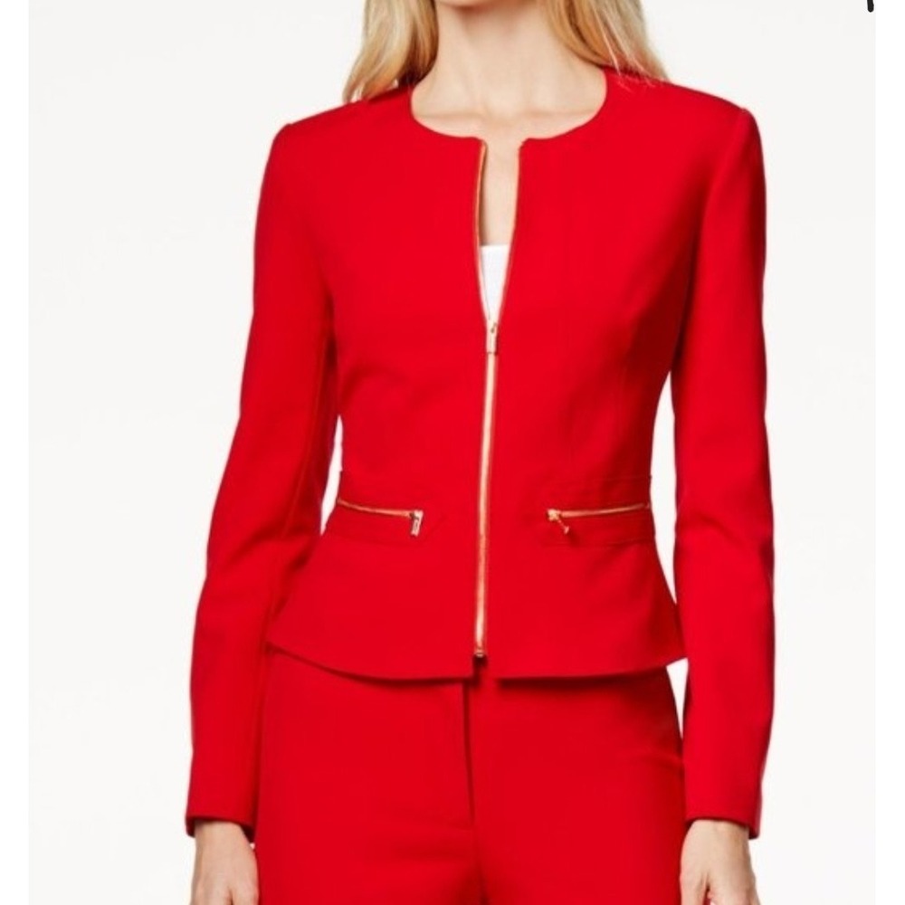 Calvin Klein Red Collarless Zip Front Blazer Jacket Gold Hardware Size 4